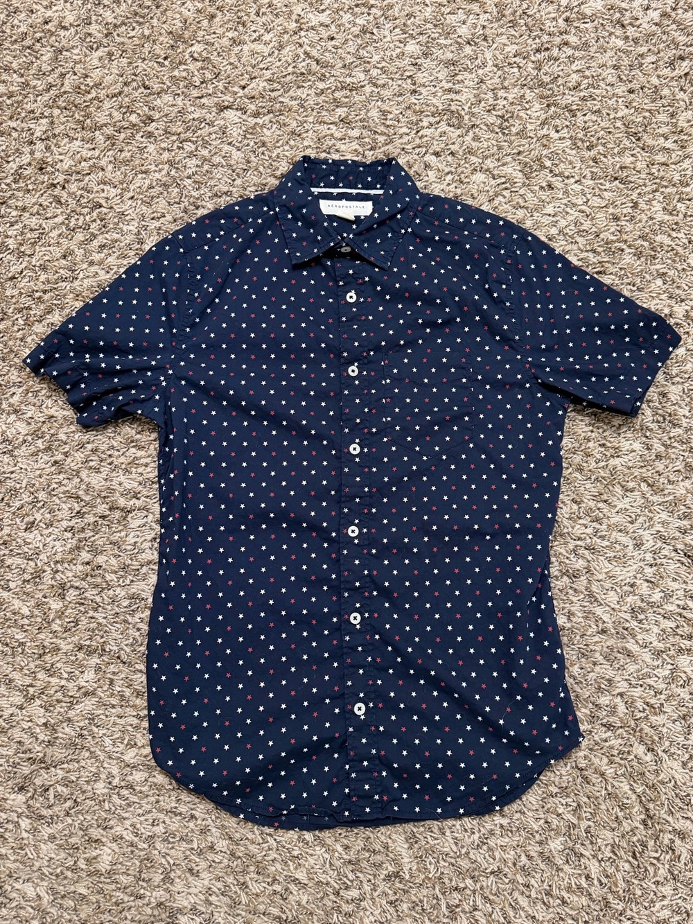 Aeropostale Men’s XS Navy Short-Sleeve Button-Down with Red & White Star Print